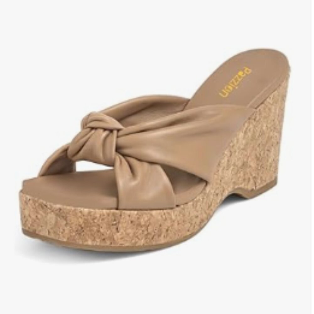 Pazzion Brown Knots Open Toe Wedges Mules Platform High Heel Slip On Slippers